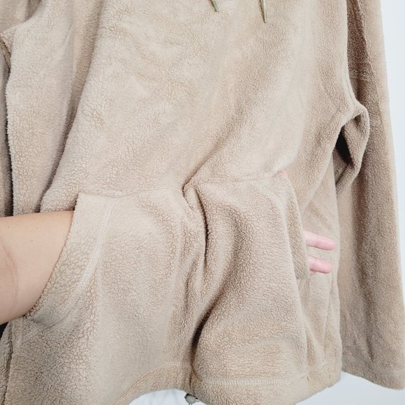 Fleece Sherpa Hoodie Oversized Sweater Khaki Tan Sweatshirt Cinch Waist Kangaroo - Picture 3 of 12